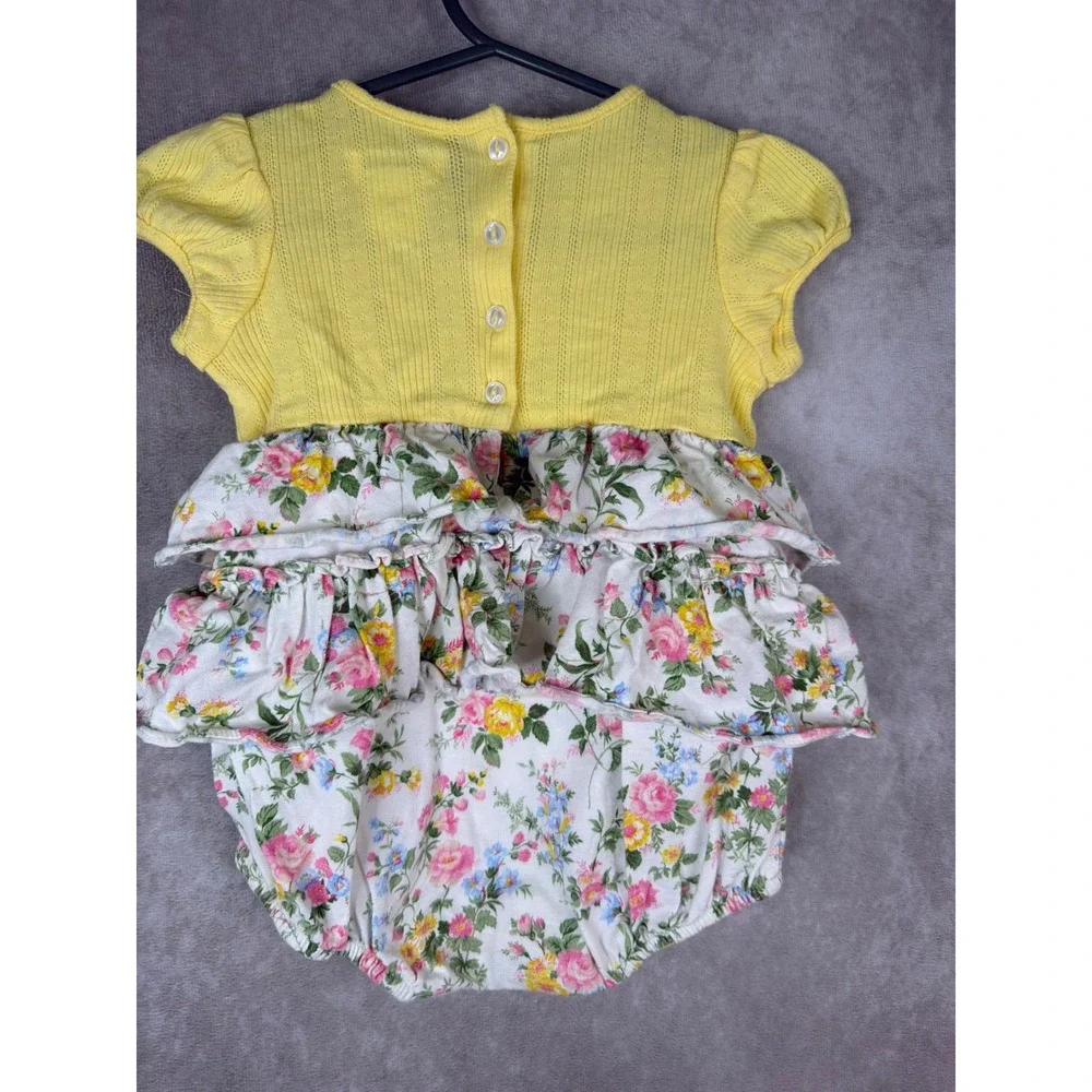 Ralph Lauren Romper Girls 3M Yellow Floral Ruffle Pointelle Knit One Piece